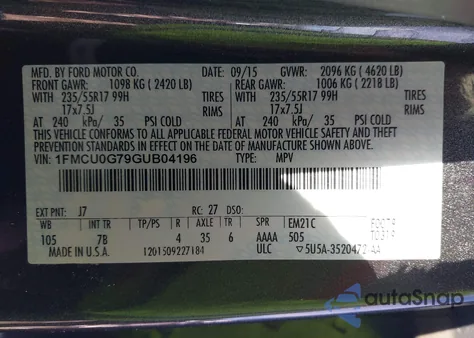 2016 Ford Escape Se z USA, uszkodzony, nr VIN 1FMCU0G79GUB04196